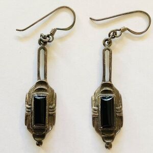 Art Deco Style Sterling and Black Onyx Dangle Earrings 1.5” Drop